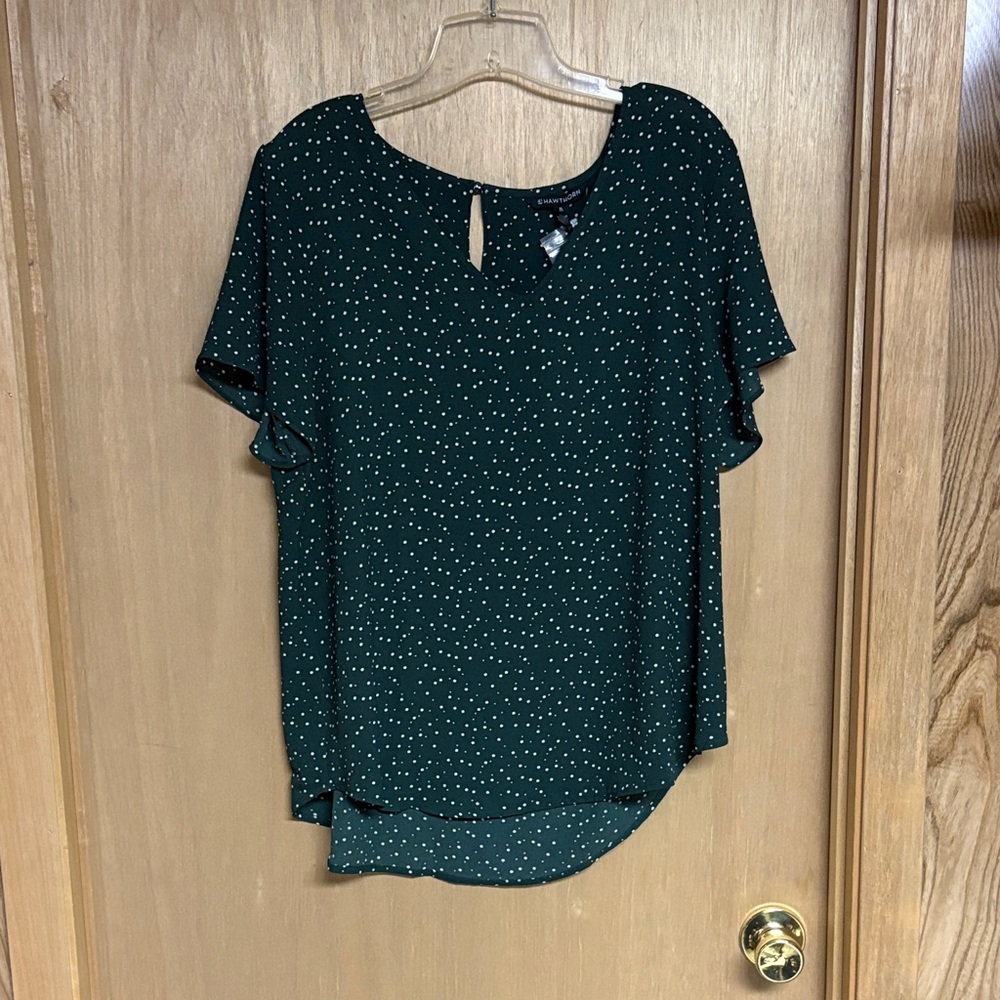 41 Hawthorn XL Zari V-Neck Flutter Sleeve Dark Green Polka Dot Blouse